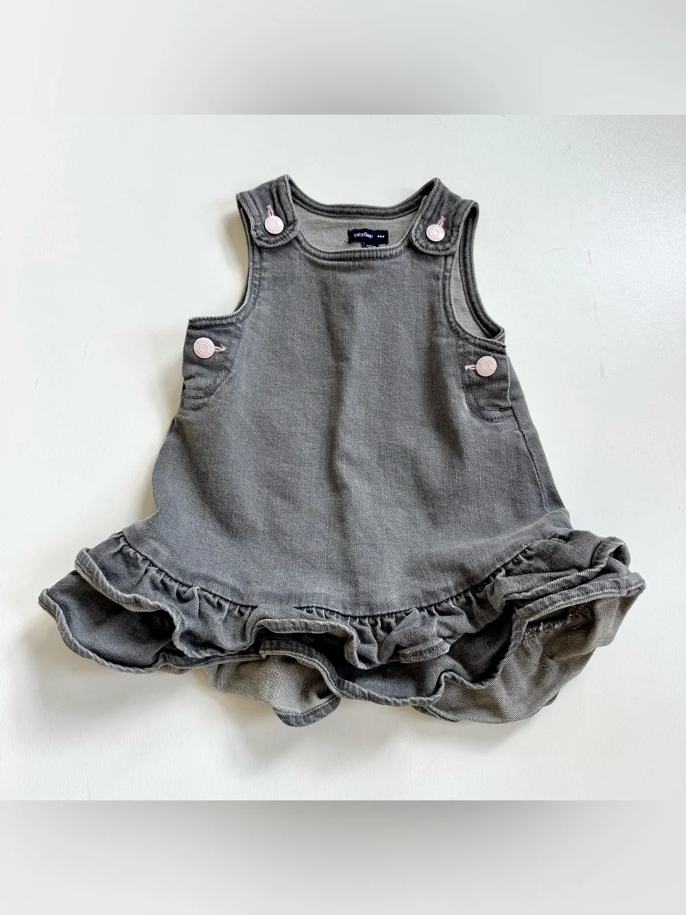Gap Baby Gray Denim Overall Dress Girls Size 18-24 Month Ruffle